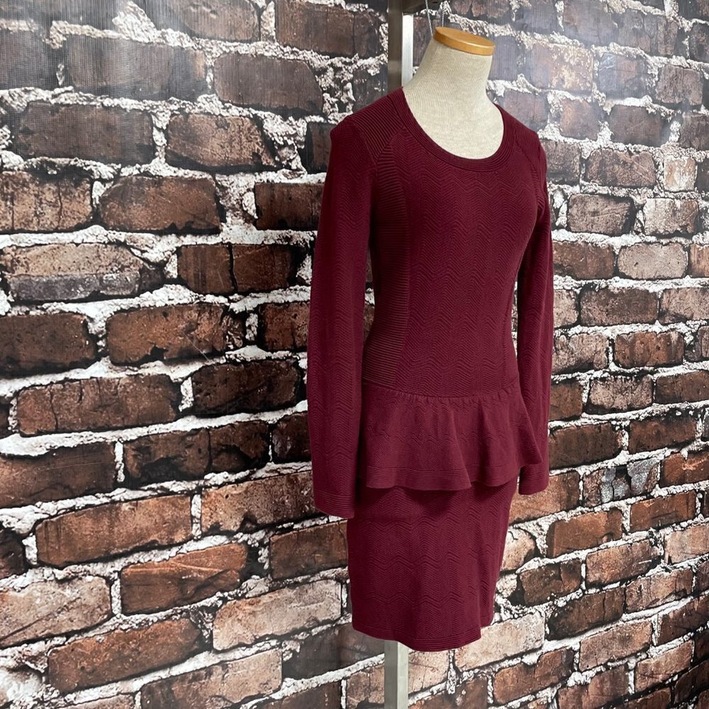 Sandro Paris Dress Peplum Knit Burgundy Red Chevron Long Sleeves Size 2 4 - Picture 10 of 15